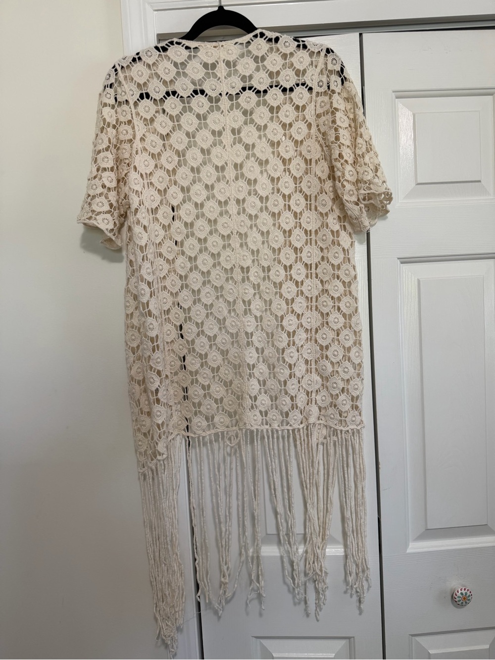 Rebellion Again Cream Off White Crochet Style Boho Cardigan Duster Fringe Size M - Picture 6 of 11